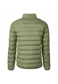 Olivengrøn dunjakke med quiltet design og horisontale syninger, høj krave og elastiske manchetter for en tætsiddende pasform.