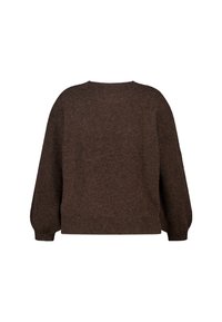 Bruine wollen trui, ronde hals, losvallend ontwerp, lange mouwen met geribbelde boorden, zachte textuur en een iets cropped zoom.