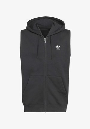 Schwarzer ärmelloser Hoodie mit durchgehendem Reißverschluss, zwei Seitentaschen und Kordelzug am Kapuzenrand. Mit weißem Adidas-Logo auf der linken Brust.