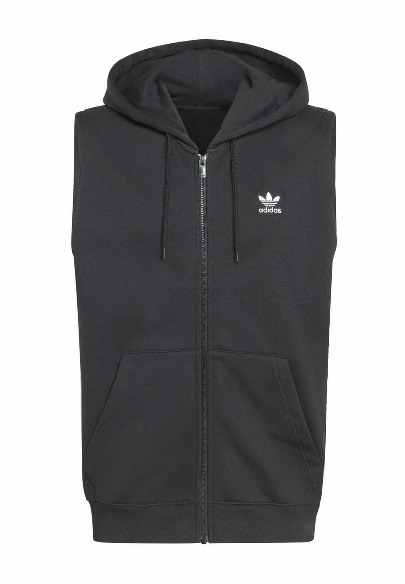 Black sleeveless hoodie with a front zipper, two side pockets, and a drawstring hood. Features white Adidas logo on the left chest.