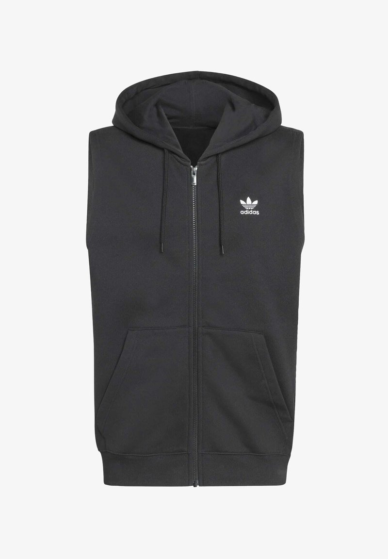 Black sleeveless hoodie with a front zipper, two side pockets, and a drawstring hood. Features white Adidas logo on the left chest.