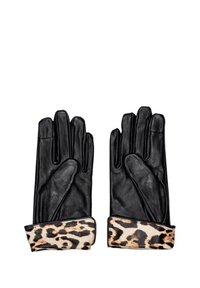 Guanti in pelle nera con polsino a stampa leopardata, caratterizzati da una superficie liscia e un design aderente. I dettagli includono motivi contrastanti sul polso.