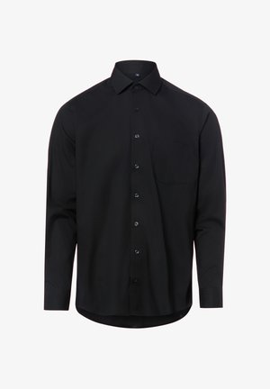 Schwarzes langärmeliges Hemd mit Knöpfen, spitzem Kragen und einer einzelnen Brusttasche, auf weißem Hintergrund dargestellt.