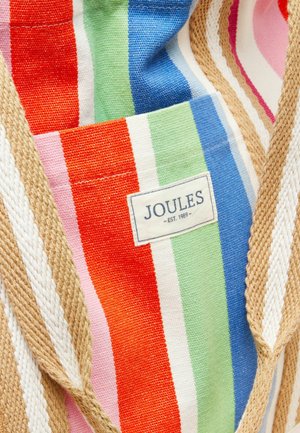 Zbliżenie na wielokolorową tkaninę w paski o tkanej fakturze z naszywką "Joules EST. 1989" przyszytą na jasnym zielonym pasku.