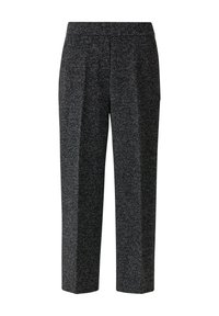 Grijze broek met een wijd uitlopende snit, elastische tailleband en zachte, gestructureerde stof. Het ontwerp heeft een subtiel gespikkeld patroon.