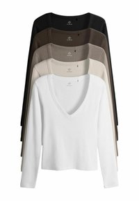 Set di maglie a manica lunga con scollo a V nei colori bianco, beige, marrone e nero. Tessuto a costine, morbido e con vestibilità cropped leggermente elasticizzata.