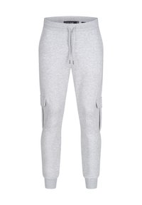 Lichtgrijze sweatpants met een trekkoord in de taille, elastische boorden en cargozakken aan de zijkanten. Gemaakt van zachte stof met een gladde textuur.