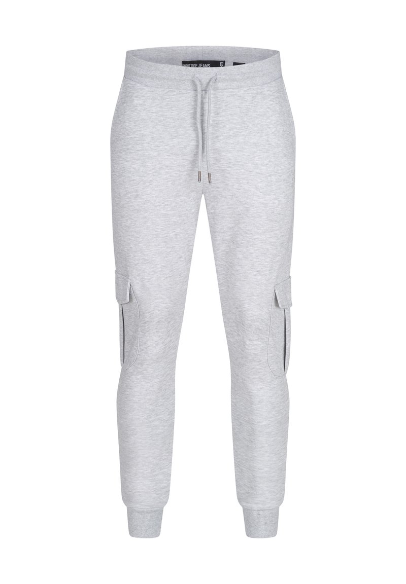 Lichtgrijze sweatpants met een trekkoord in de taille, elastische boorden en cargozakken aan de zijkanten. Gemaakt van zachte stof met een gladde textuur.