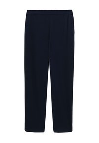 Black straight-leg pants with an elastic waistband, made from smooth fabric, suitable for casual or workwear.