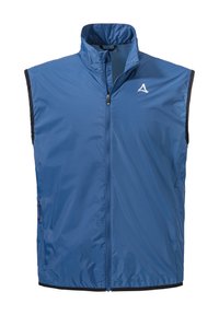 Blaues ärmelloses Westchen aus leichtem, wasserabweisendem Material. Verfügt über einen Reißverschluss vorne und ein Logo auf der oberen linken Seite. Schwarze Akzente am Saum.