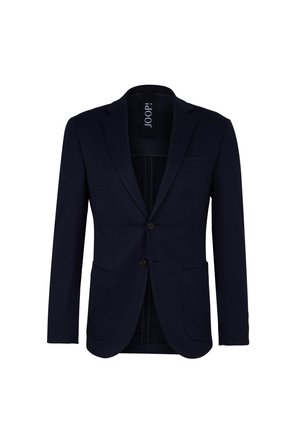 Navy blue blazer made of textured fabric, featuring two front pockets, a single-button closure, and a classic notch lapel design.