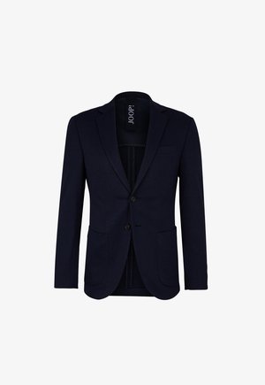 Navy blue blazer made of textured fabric, featuring two front pockets, a single-button closure, and a classic notch lapel design.