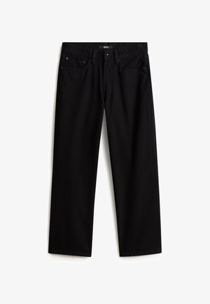 Schwarze Denim-Hose mit gerade geschnittenem Bein. Verfügt über fünf Taschen, einen Knopf- und Reißverschluss sowie robuste Nähte. Glatte Stofftextur.