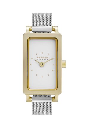 Rechteckige Skagen-Armbanduhr in Goldton mit weißem Zifferblatt, goldenen Stundenmarkierungen und Zeigern sowie silbernem Metallarmband, Anzeige 10:10 Uhr.