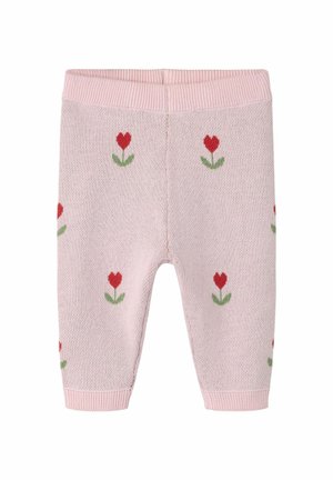 Pantalon bébé tricoté rose clair avec motif de tulipes rouges et feuilles vertes partout, taille élastique et poignets côtelés.