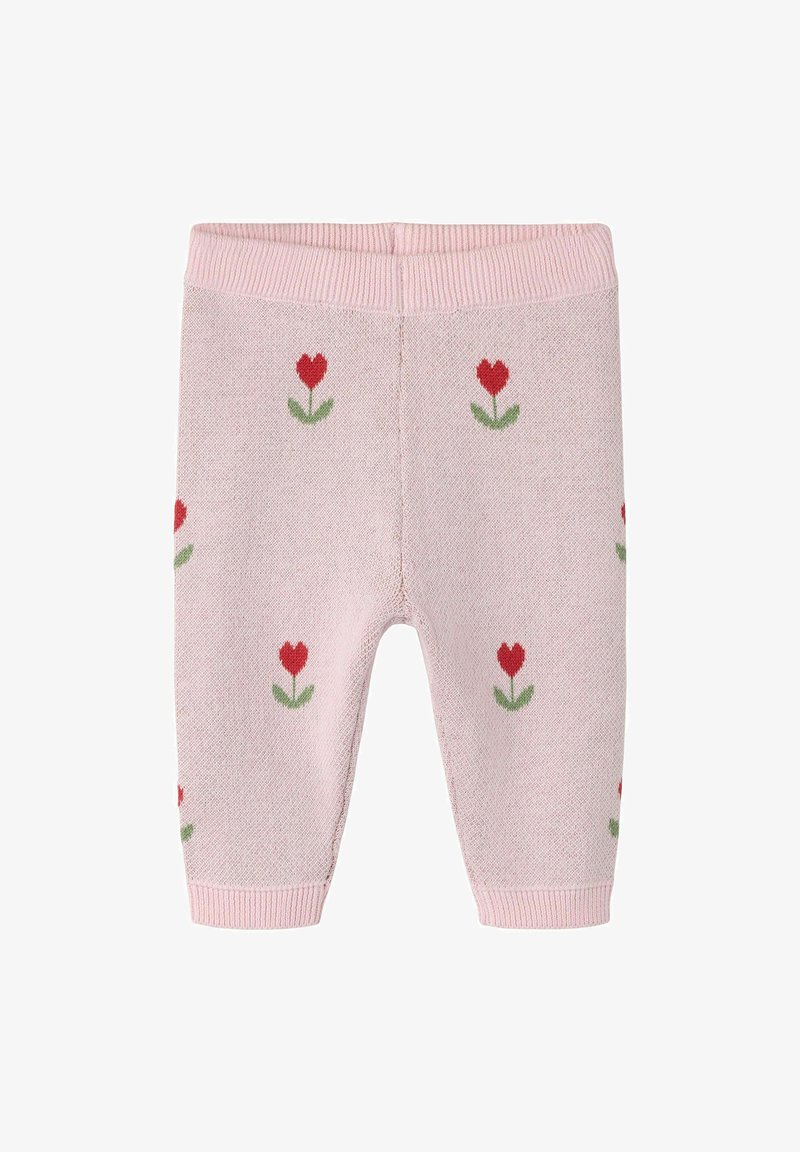 Pantalon bébé tricoté rose clair avec motif de tulipes rouges et feuilles vertes partout, taille élastique et poignets côtelés.