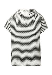 Bluzka z krótkim rękawem w czarno-białe paski, z dekoltem w serek i luźnym krojem. Wykonana z lekkiego materiału o gładkiej strukturze.