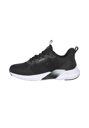 Zapatilla deportiva de malla transpirable negra y gris con suela blanca texturizada, diseño con cordones y lengüetas en la lengüeta y el talón.