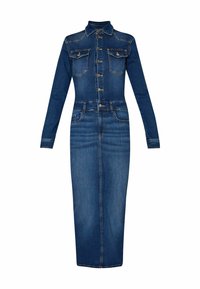 Robe en denim bleu foncé à manches longues, avec poches poitrine, fermeture à boutons sur le devant, col et jupe crayon descendant sous le genou.