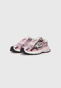 Running shoes in pink metallic synthetic material with mesh accents. Features a black logo, white soles, and light laces. Designed for comfort.