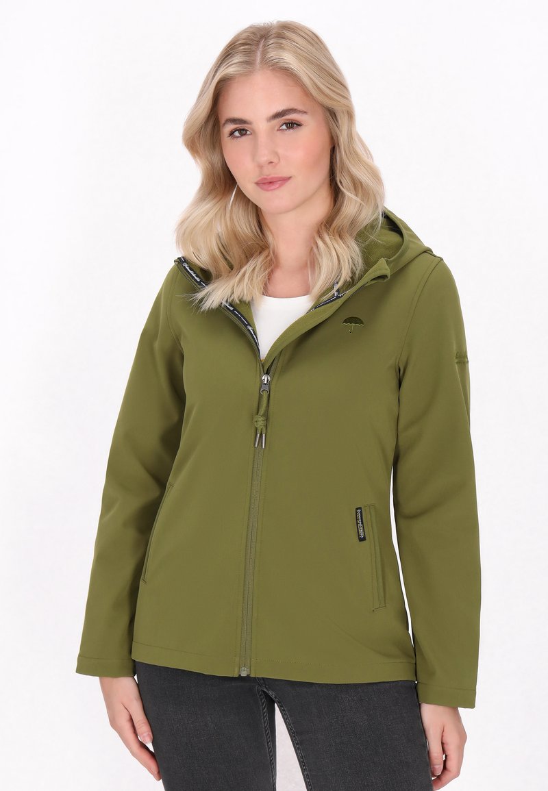 Olive zelená softshell bunda s predným zipsom, nastaviteľnou kapucňou a bočnými vreckami. Hladká textúra s jemným detailom loga.