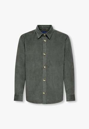 Žalias įvariuotas marškinis su mygtukais priekyje, ilgomis rankovėmis ir smailiu apykakle. Pabrėžia auksinės spalvos mygtukai ir vertikalus raukšlių raštas.