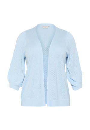 Light blue knitted cardigan with a V-neck, open front, and puffed sleeves. Features a perforated pattern for texture and breathability.