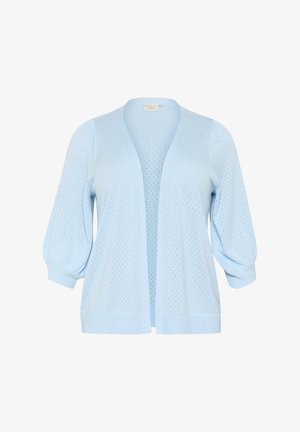 Light blue knitted cardigan with a V-neck, open front, and puffed sleeves. Features a perforated pattern for texture and breathability.