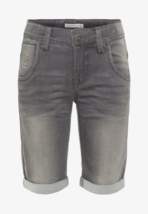 Grå denimshorts med forlommer, knaplukning, bæltestropper og opsmøgede manchetter.