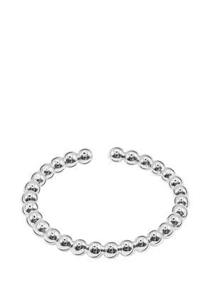 Silver open cuff bracelet made of polished round beads arranged in a continuous loop with a small gap.