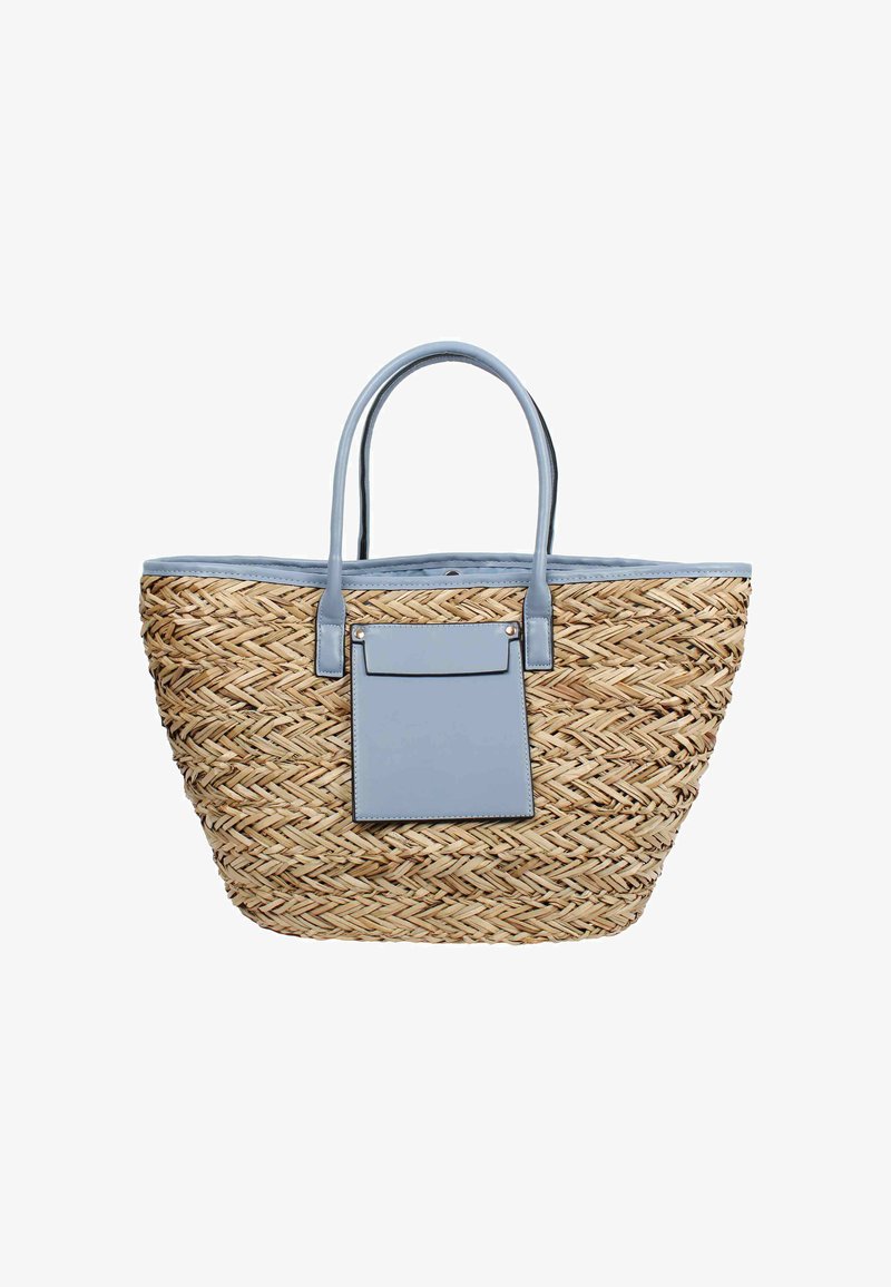 Woven straw tote bag with light blue leather accents, single compartment, two sturdy handles, and a front pocket. Circular base design.