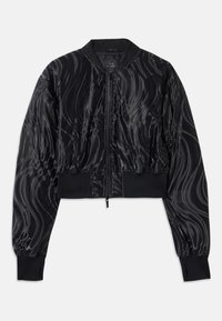Giacca bomber nera tagliata con un motivo lucido e vorticoso, polsini e vita a coste, e chiusura frontale con zip.