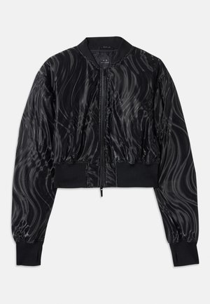 Cropped black bomber jacket with a shiny, swirling pattern, ribbed cuffs and waistband, and a front zipper closure.