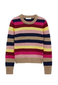 Suéter de punto con rayas horizontales en beige, marino, rosa, rojo y amarillo, con un cuello redondo y puños y dobladillo acanalados.