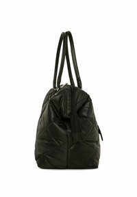 Sac fourre-tout noir matelassé avec double poignées, doté d'une fermeture éclair, d'une texture lisse et d'une forme arrondie avec une base structurée.