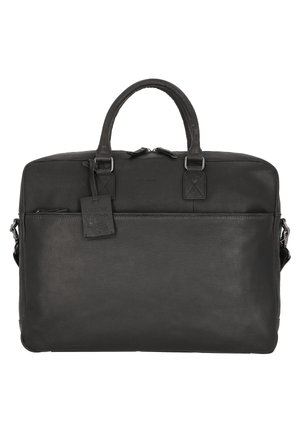 Valigetta in pelle nera con forma strutturata. Presenta maniglie doppie, chiusura con zip, tasche laterali e un'etichetta rimovibile con design impresso.