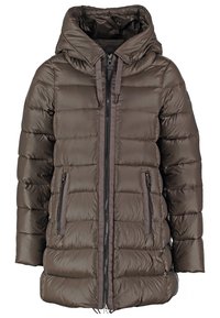Bruine gewatteerde winterjas met een capuchon, ritssluiting aan de voorkant en twee zijzakken. Heeft een gequilt textuur en een lichtglanzende afwerking.
