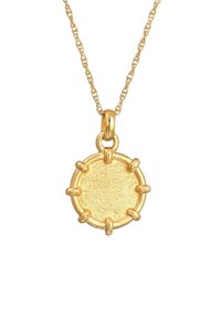 Collier chaîne en or avec un pendentif rond en or texturé, maintenu par huit griffes incurvées autour de son bord.