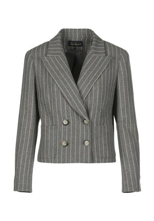 Grijze dubbelgeknoopte blazer met een streeppatroon, voorzien van een reverskraag, twee voorzakken en zilveren knopen.