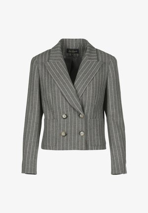 Pilkos spalvos dvigubos krūtinės švarkas su smukliu raštu, turintis išpjautą apykaklę, dvi priekinės kišenės ir sidabrinius mygtukus.