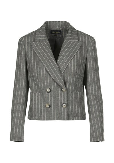 Gray double-breasted blazer in a pinstripe pattern, featuring a notched collar, two front pockets, and silver buttons.