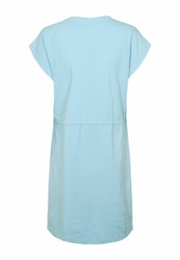 Šviesiai mėlyna medvilninė suknelė su trumpomis rankovėmis, apvaliu iškirpimu ir susirinkusia juosmens dalimi. Lygus paviršius ir iki kelių siekianti forma.