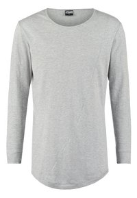 Ljust grå långärmad T-shirt i mjukt tyg, med rund halsringning och en asymmetrisk design med en böjd nederkant.