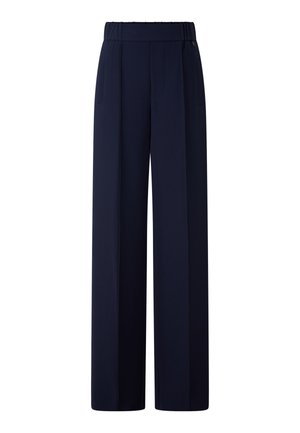 Marinefarbene weit geschnittene Hose mit hohem elastischen Bund, ausgestattet mit zwei Seitentaschen und einem formellen, maßgeschneiderten Look. Glatte Stofftextur.