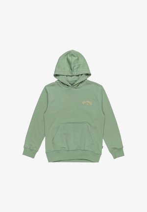 Felpa verde realizzata in morbido tessuto, con tasca a marsupio, polsini e orlo a costine, con la scritta "BILLABONG" ricamata in oro sul petto.