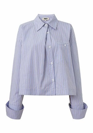 Chemise à manches courtes avec des rayures verticales bleues et roses. Fabriquée en tissu léger, avec un col et une poche poitrine.