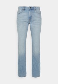 Ljusblå jeans i denim med rak passform, fem fickor och knappgylf. Svag blekning vid fållen.