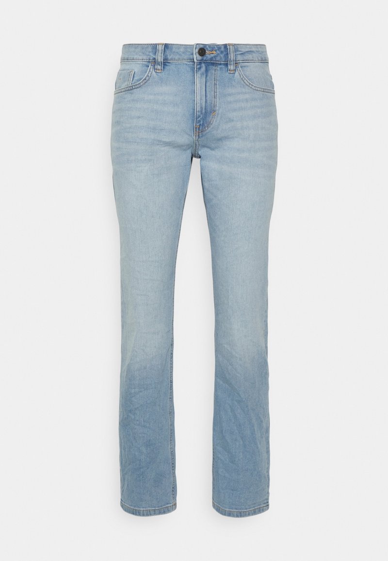 Ljusblå jeans i denim med rak passform, fem fickor och knappgylf. Svag blekning vid fållen.