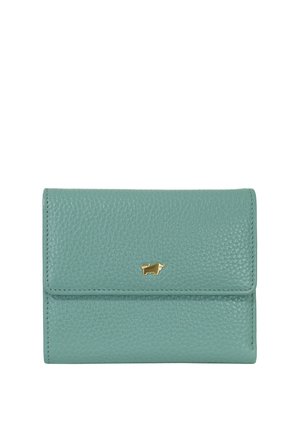 Grünes, strukturiertes Lederportemonnaie mit einem goldenen Stier-Emblem in der Mitte des vorderen Klappdeckels, dargestellt vor einem weißen Hintergrund.