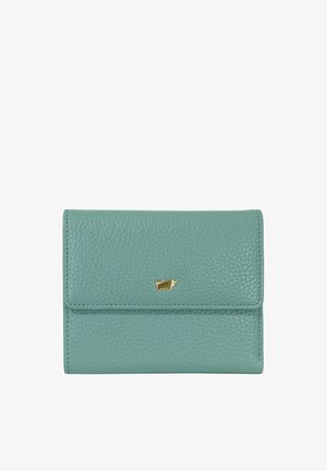 Portafoglio in pelle verde con una texture, con un emblema dorato a forma di toro al centro della patta frontale, mostrato su uno sfondo bianco.